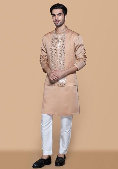 Fawn Embroidered Modal Nehru Jacket Set For Men