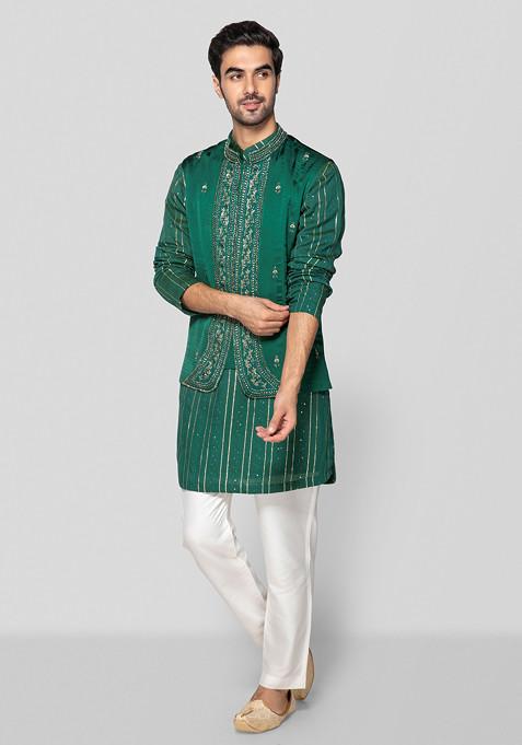 Green Embroidered Nehru Jacket Set For Men