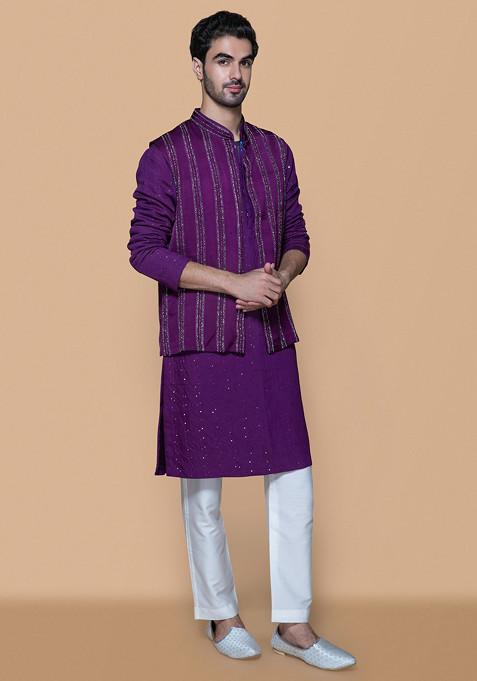 Purple Embroidered Modal Kurta Set For Men