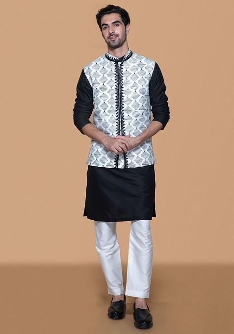 Ivory And Black Block Print Nehru Jacket Set For Men