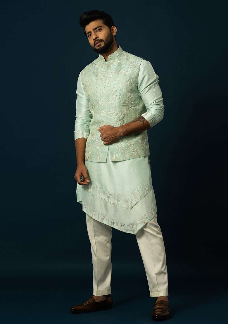Light Green Embroidered Silk Blend Nehru Jacket And Kurta Set For Men - Indya