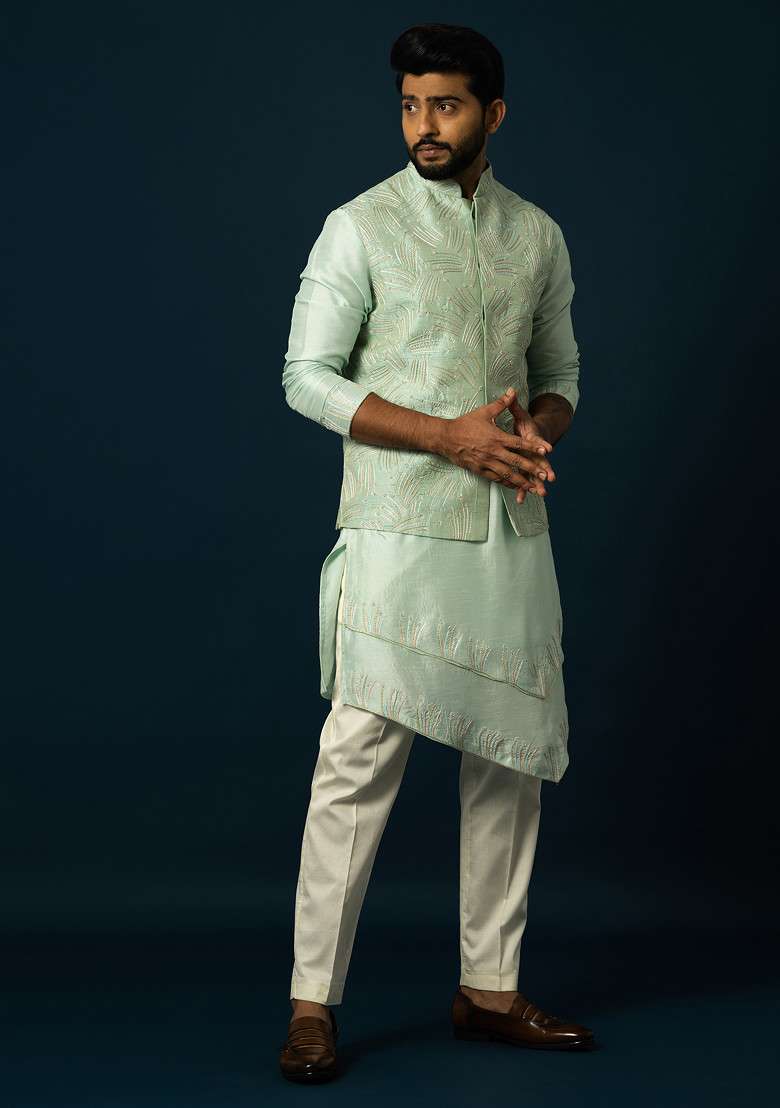 Light Green Embroidered Silk Blend Nehru Jacket And Kurta Set For Men - Indya
