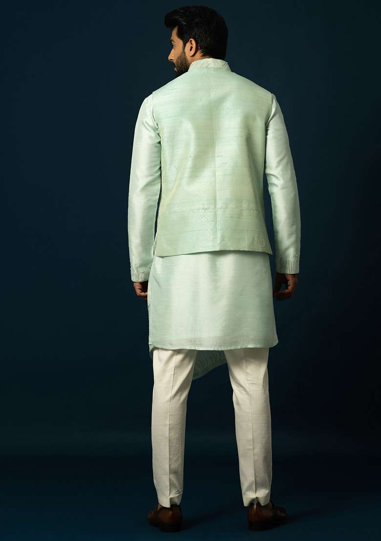 Light Green Embroidered Silk Blend Nehru Jacket And Kurta Set For Men - Indya