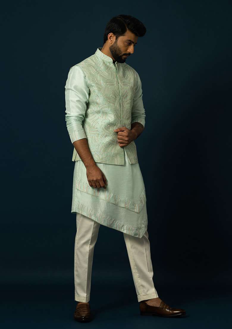 Light Green Embroidered Silk Blend Nehru Jacket And Kurta Set For Men - Indya