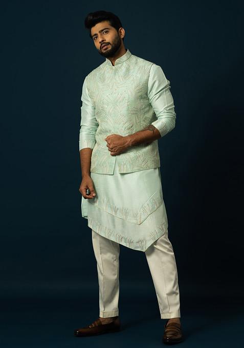 Light Green Embroidered Silk Nehru Jacket And Kurta Set For Men