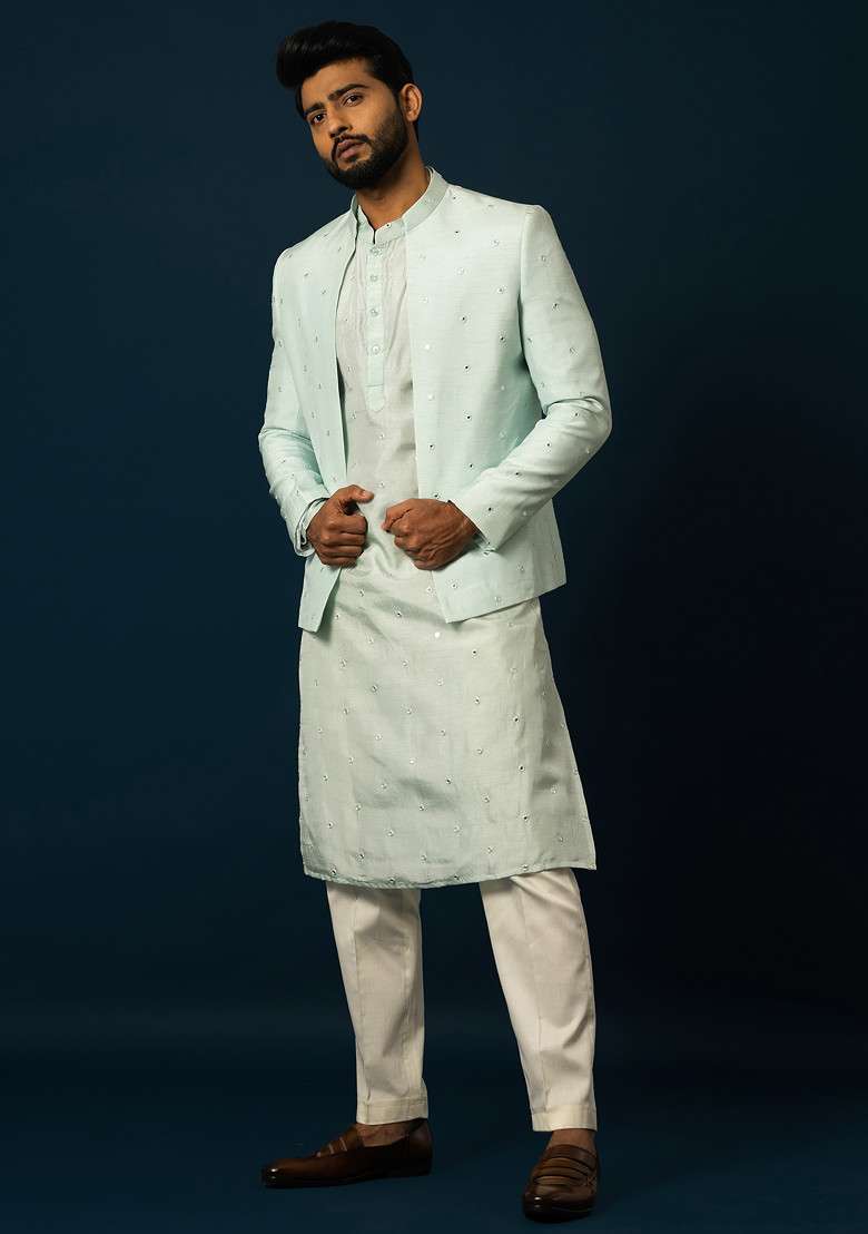 Light Blue Embroidered Bam Silk Blend Kurta And Jacket Set For Men - Indya