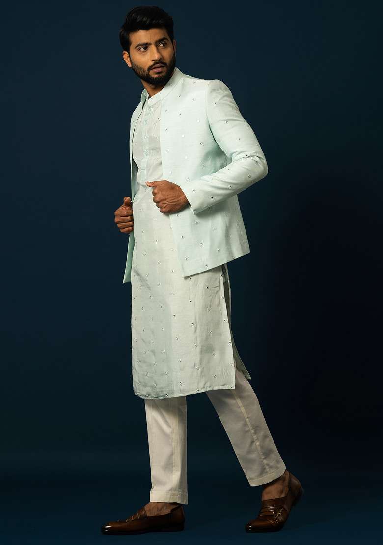 Light Blue Embroidered Bam Silk Blend Kurta And Jacket Set For Men - Indya