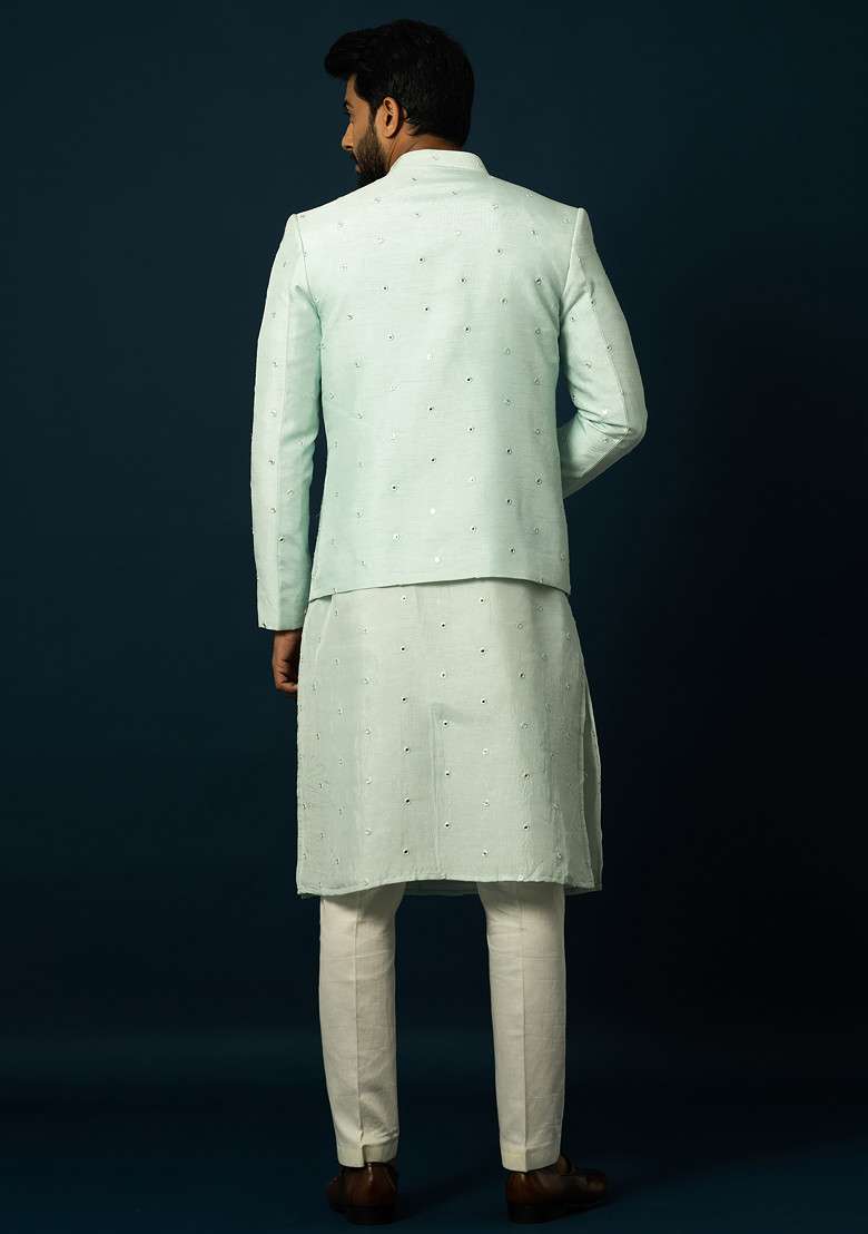 Light Blue Embroidered Bam Silk Blend Kurta And Jacket Set For Men - Indya
