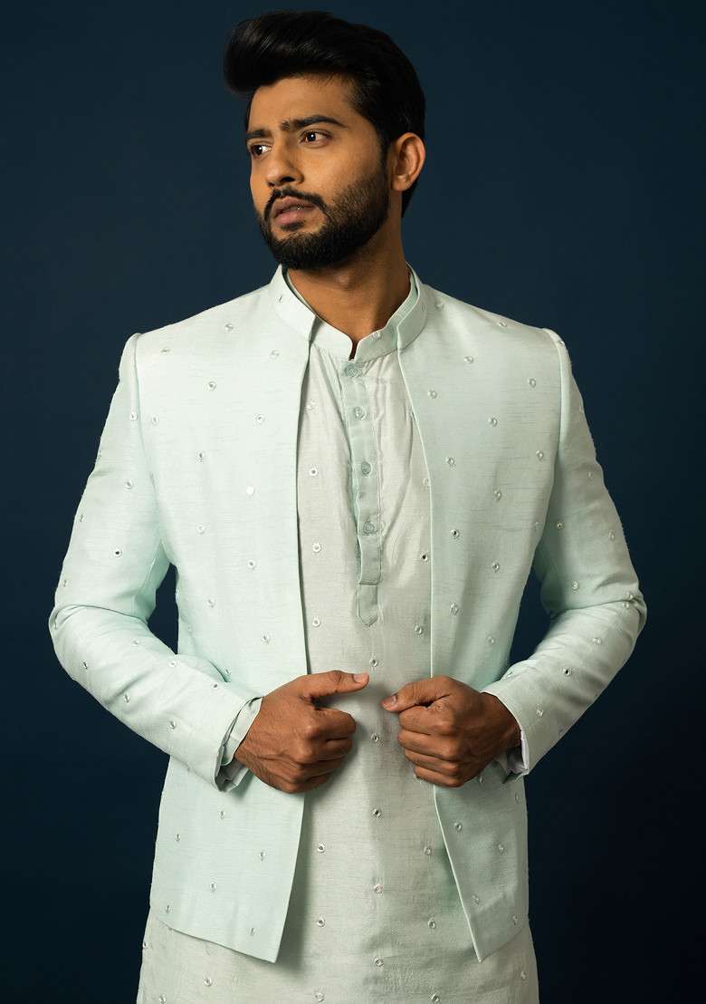 Light Blue Embroidered Bam Silk Blend Kurta And Jacket Set For Men - Indya