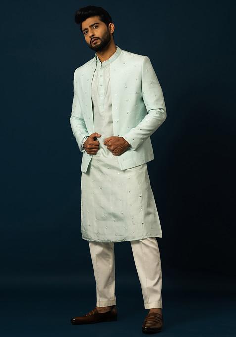 Light Blue Embroidered Bam Silk Kurta And Jacket Set For Men