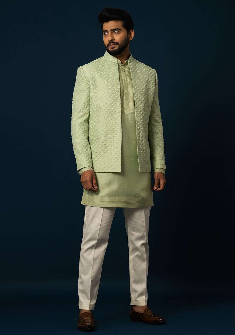 Green Embroidered Bam Silk Blend Jacket And Kurta Set For Men - Indya