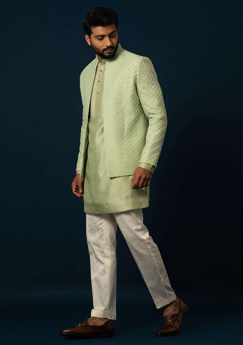Green Embroidered Bam Silk Blend Jacket And Kurta Set For Men - Indya