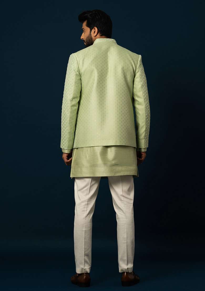 Green Embroidered Bam Silk Blend Jacket And Kurta Set For Men - Indya