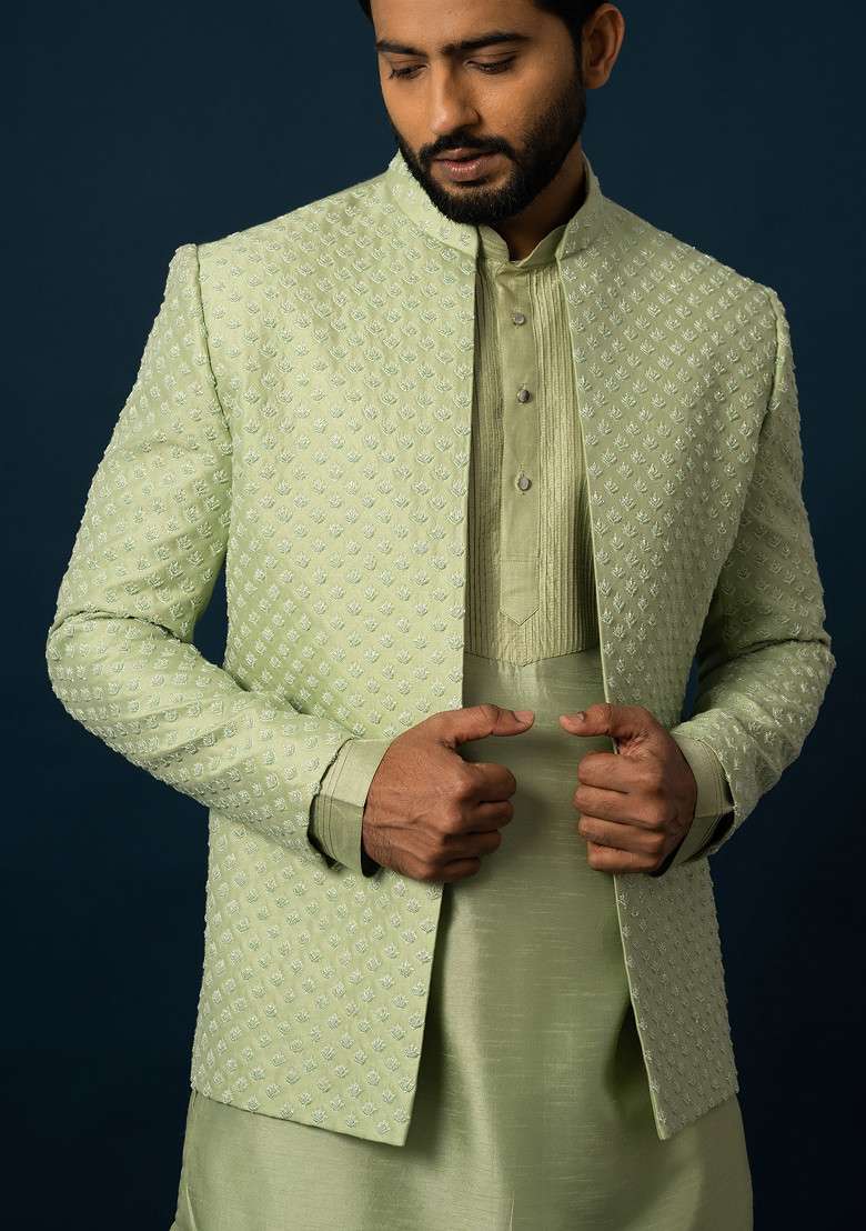 Green Embroidered Bam Silk Blend Jacket And Kurta Set For Men - Indya