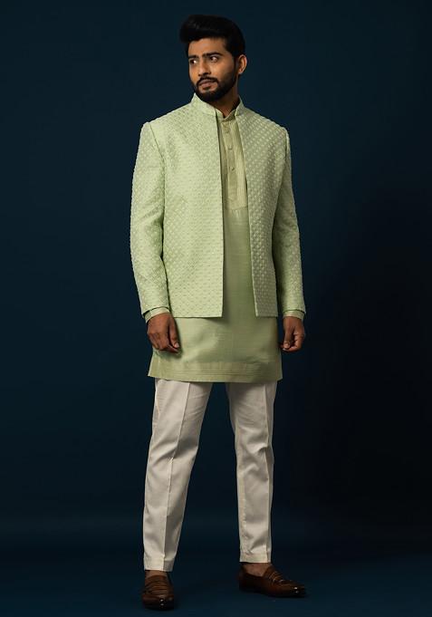 Green Embroidered Bam Silk Jacket And Kurta Set For Men