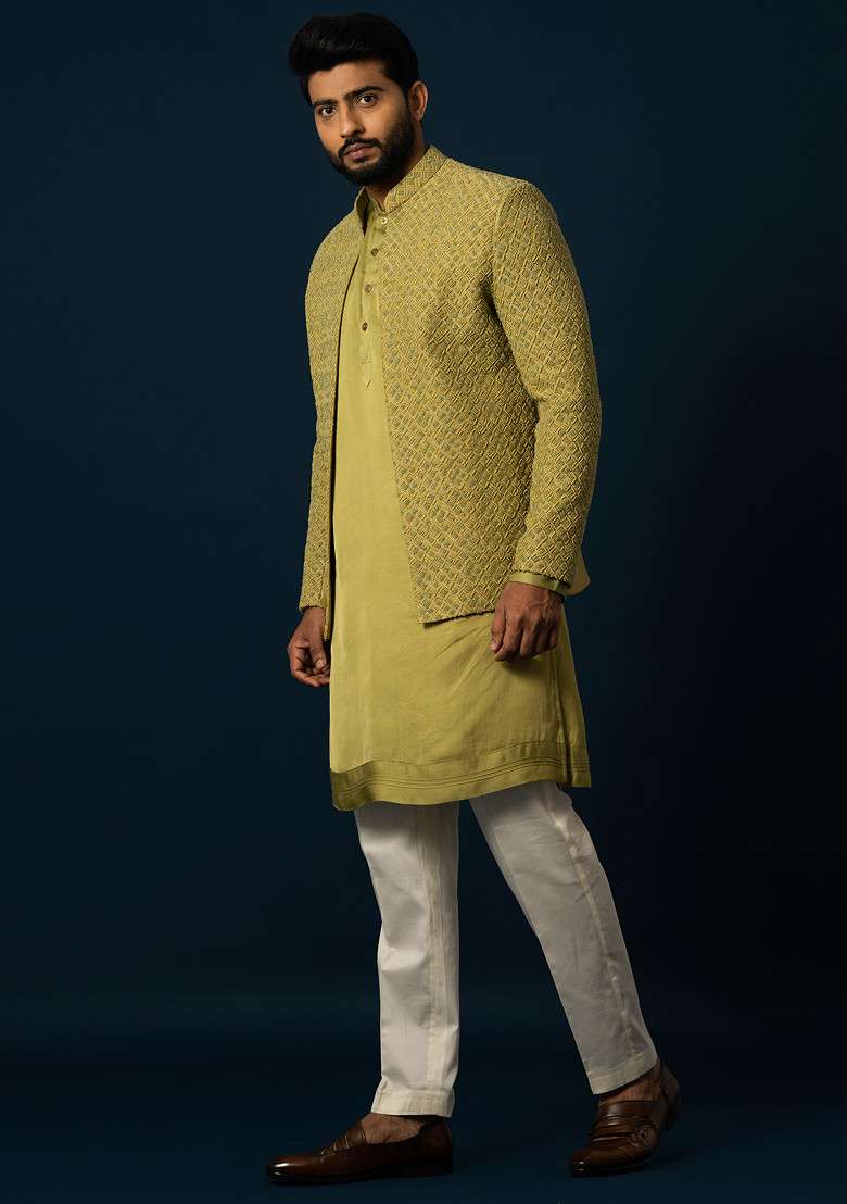 Green Embroidered Silk Blend Kurta And Jacket Set For Men - Indya
