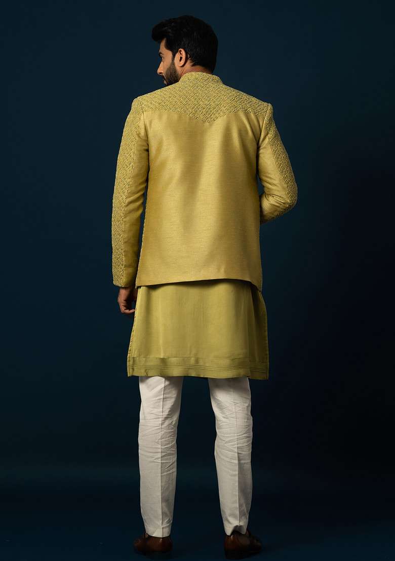 Green Embroidered Silk Blend Kurta And Jacket Set For Men - Indya
