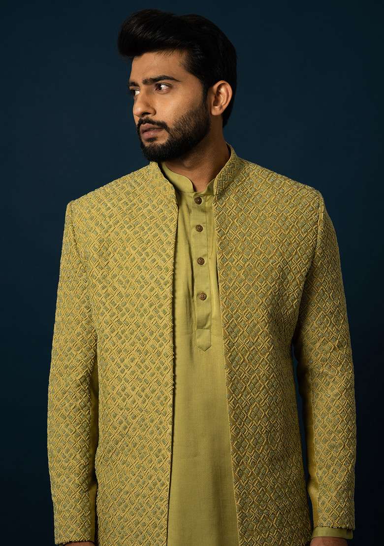 Green Embroidered Silk Blend Kurta And Jacket Set For Men - Indya