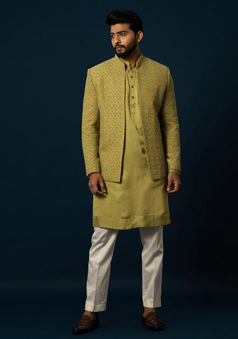 Green Embroidered Silk Kurta And Jacket Set For Men