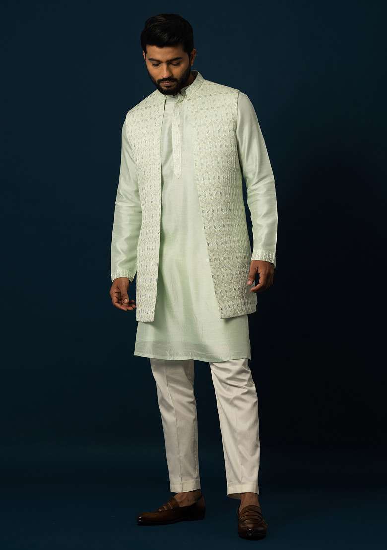 Green Embroidered Silk Blend Jacket And Kurta Set For Men - Indya