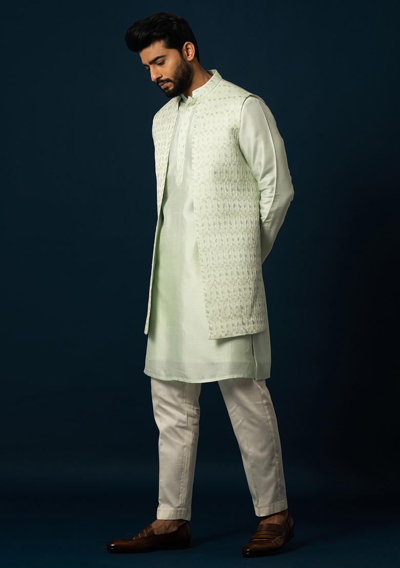 Green Embroidered Silk Jacket And Kurta Set For Men
