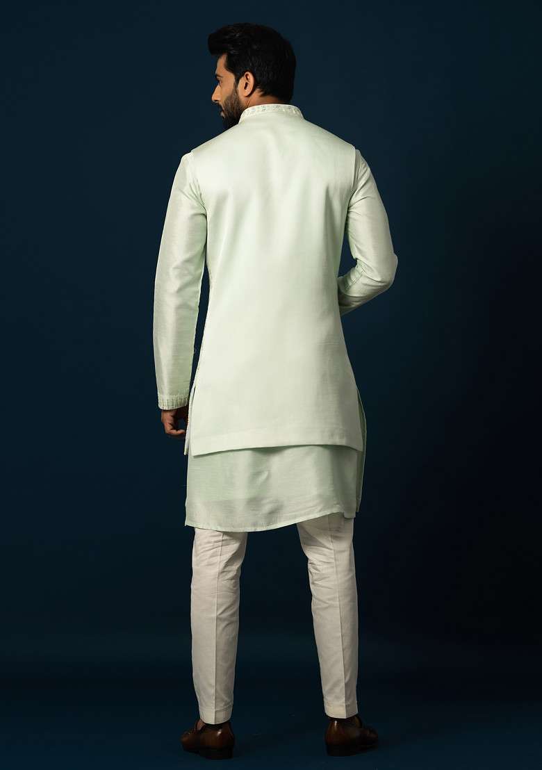 Green Embroidered Silk Blend Jacket And Kurta Set For Men - Indya