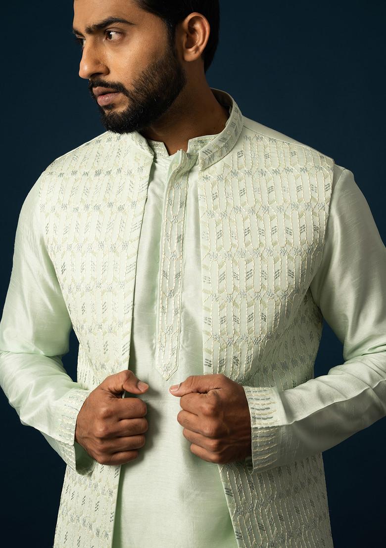 Green Embroidered Silk Jacket And Kurta Set For Men