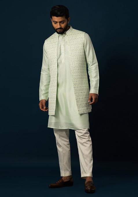 Green Embroidered Silk Jacket And Kurta Set For Men