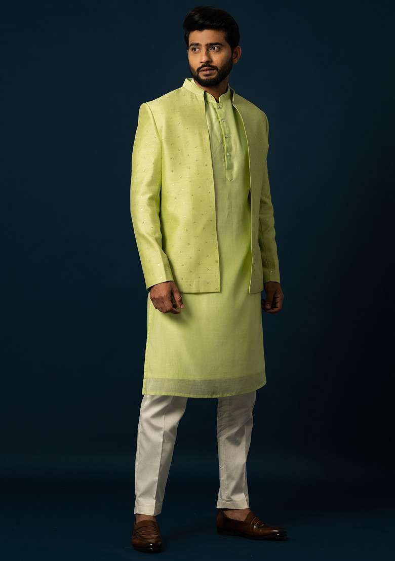 Green Embroidered Bam Silk Blend Jacket And Kurta Set For Men - Indya