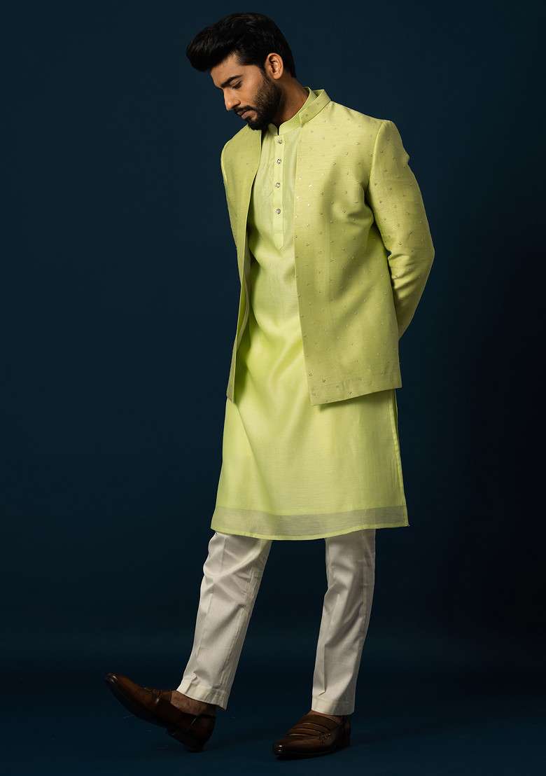Green Embroidered Bam Silk Blend Jacket And Kurta Set For Men - Indya