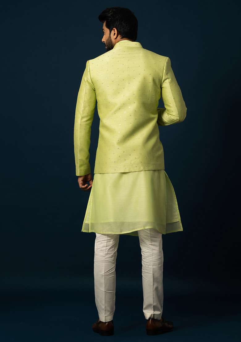 Green Embroidered Bam Silk Blend Jacket And Kurta Set For Men - Indya