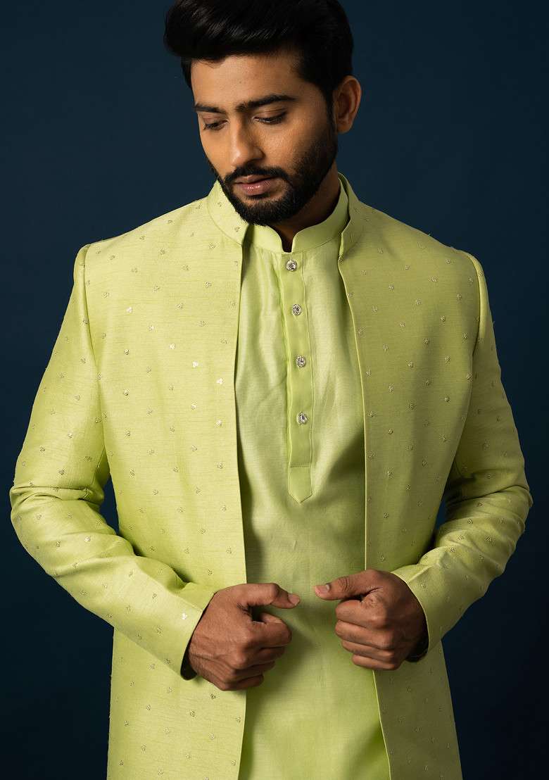Green Embroidered Bam Silk Blend Jacket And Kurta Set For Men - Indya