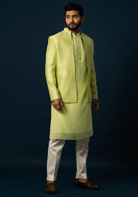 Green Embroidered Bam Silk Jacket And Kurta Set For Men