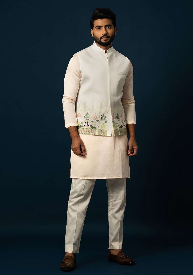 Ivory Embroidered Linen Nehru Jacket Set For Men - Indya