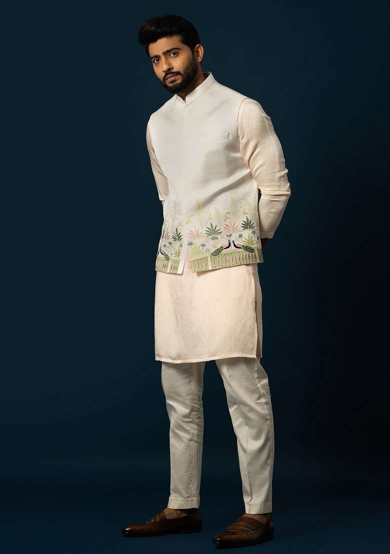 Ivory Embroidered Linen Nehru Jacket Set For Men - Indya