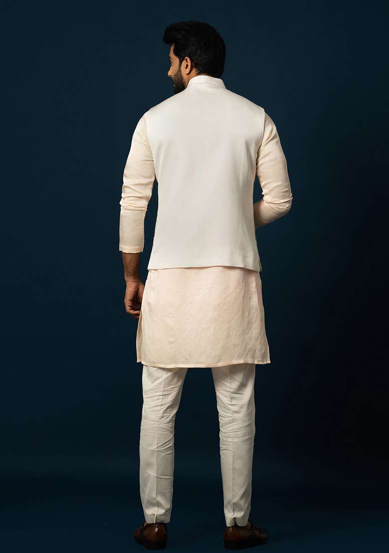 Ivory Embroidered Linen Nehru Jacket Set For Men - Indya