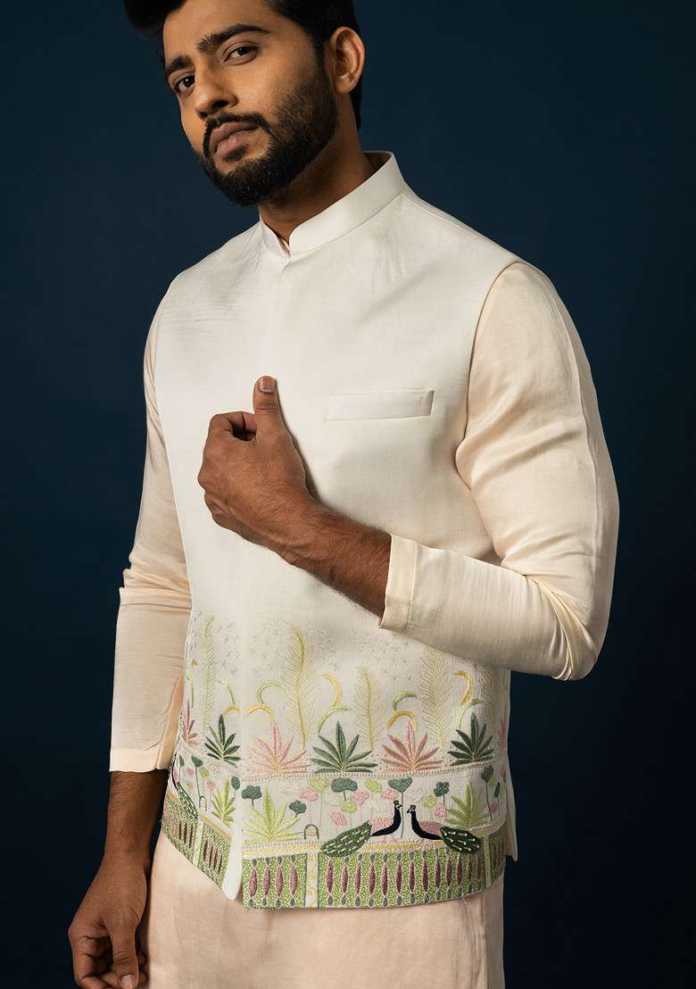 Ivory Embroidered Linen Nehru Jacket Set For Men - Indya