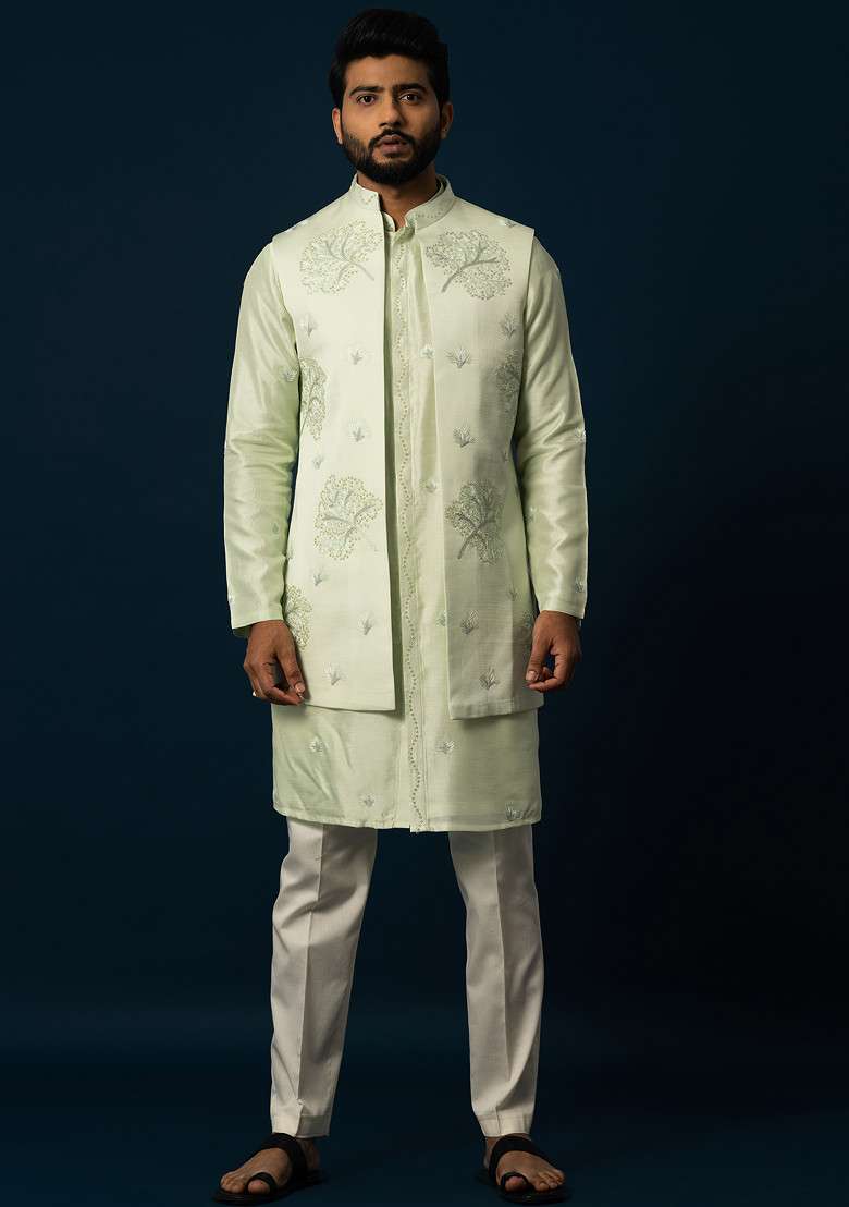 Green Embroidered Bam Silk Blend Nehru Jacket Set For Men - Indya