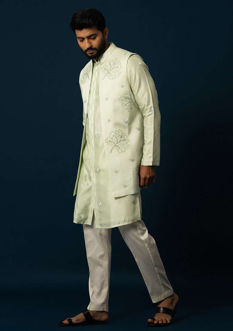 Green Embroidered Bam Silk Blend Nehru Jacket Set For Men - Indya