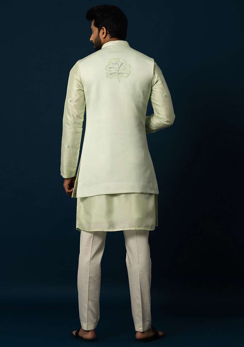 Green Embroidered Bam Silk Blend Nehru Jacket Set For Men - Indya