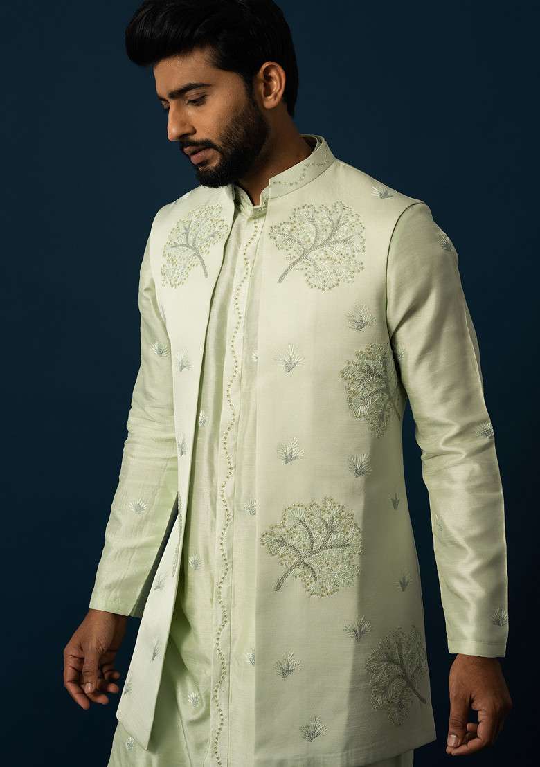 Green Embroidered Bam Silk Blend Nehru Jacket Set For Men - Indya