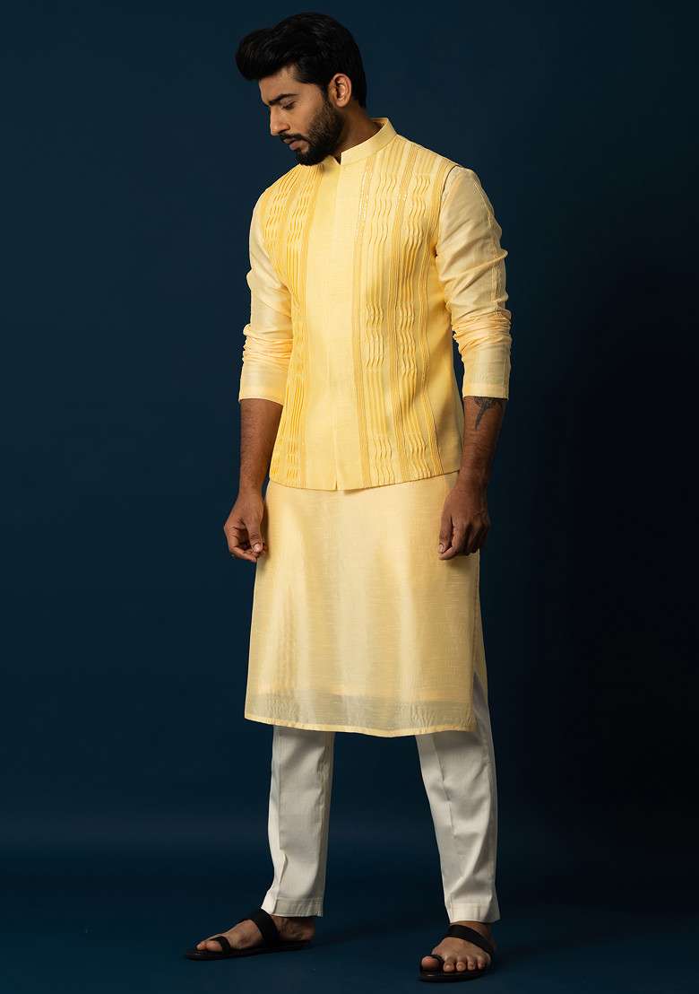 Yellow Embroidered Silk Blend Kurta Set For Men - Indya
