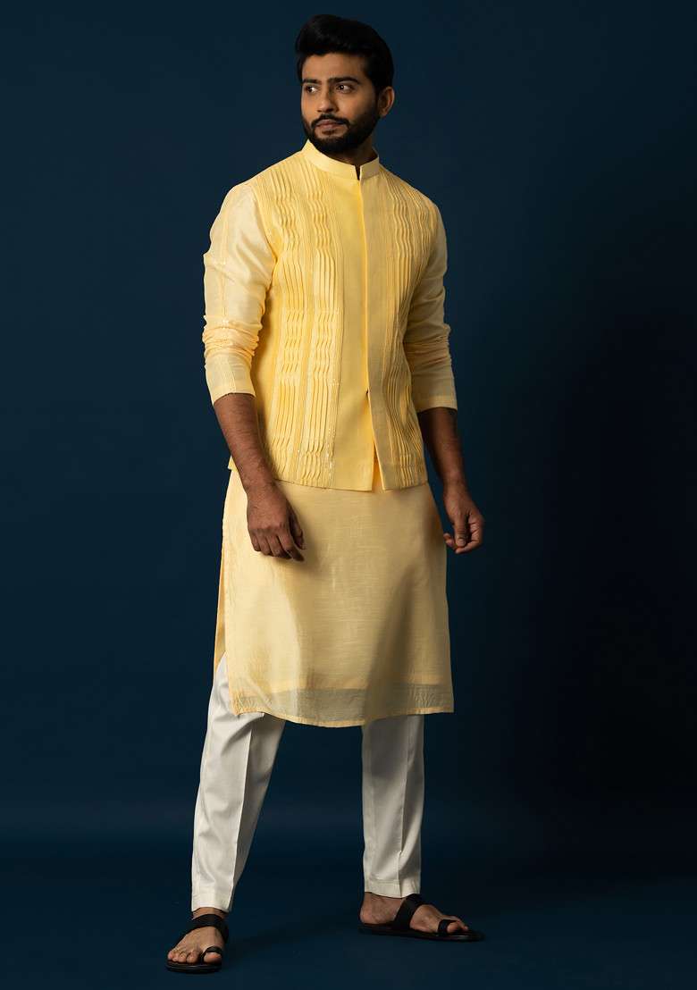 Yellow Embroidered Silk Blend Kurta Set For Men - Indya
