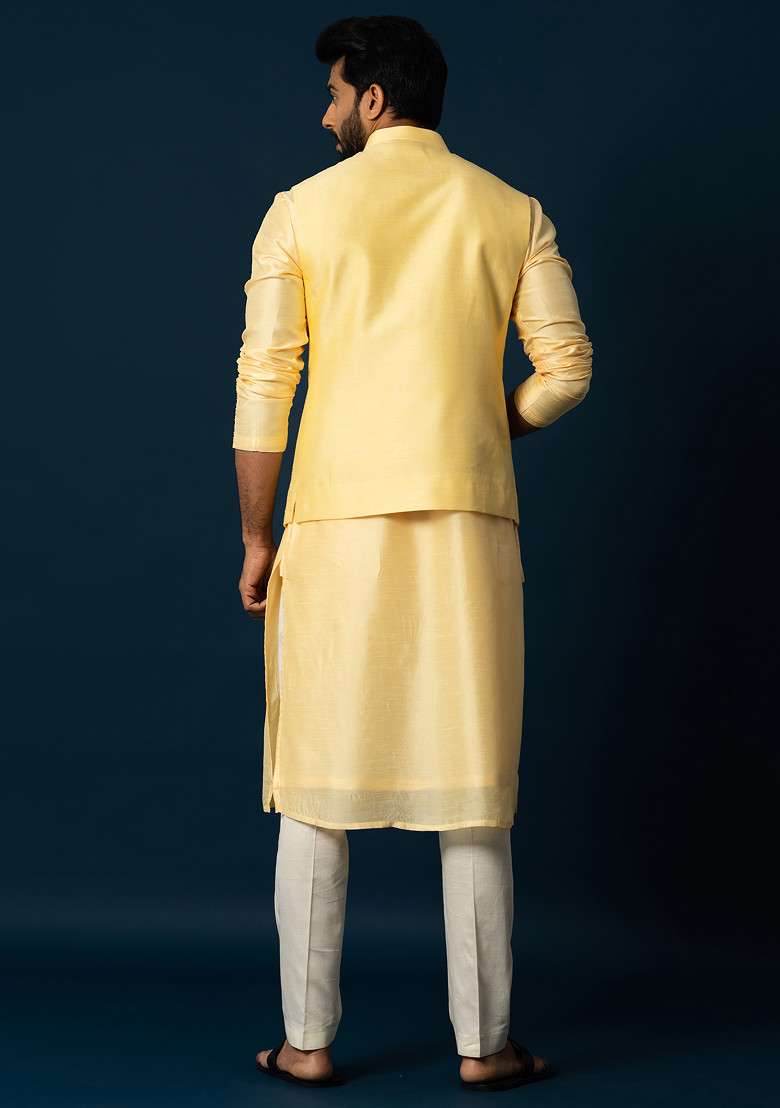 Yellow Embroidered Silk Blend Kurta Set For Men - Indya