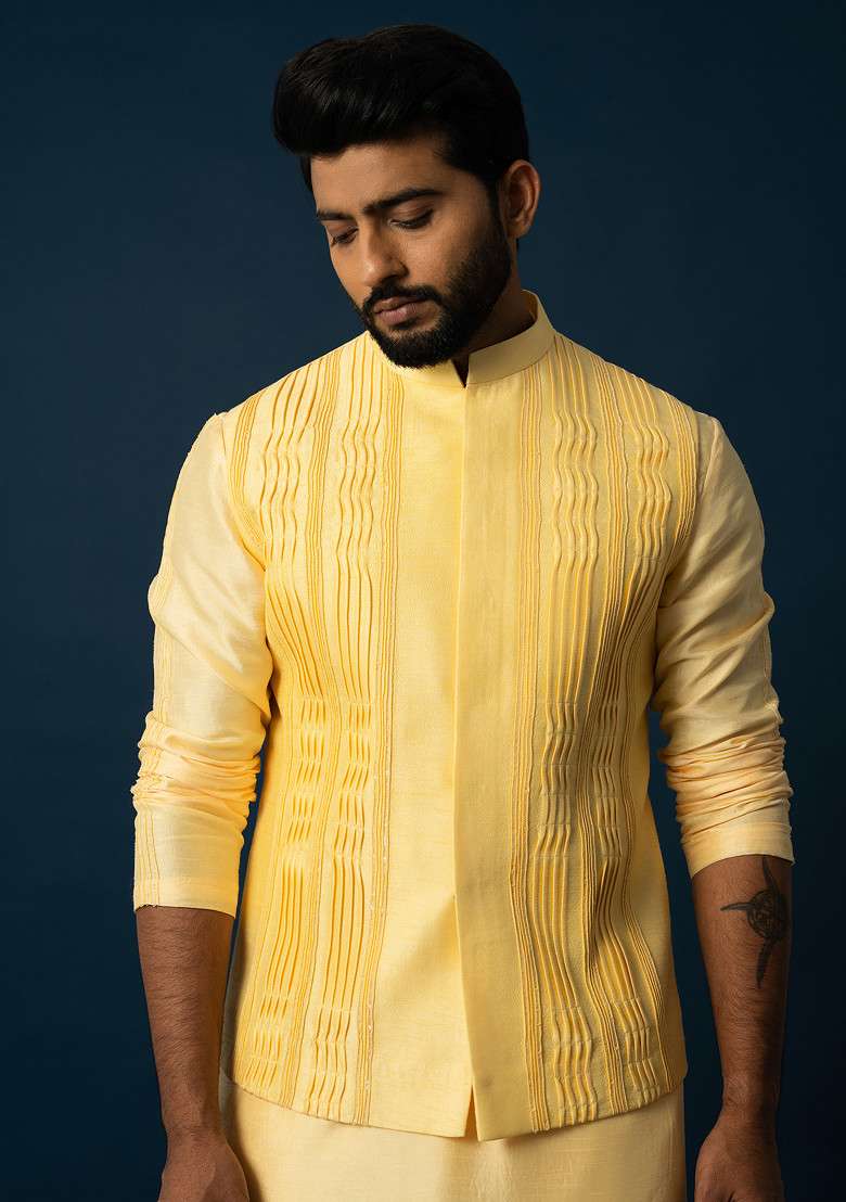 Yellow Embroidered Silk Blend Kurta Set For Men - Indya