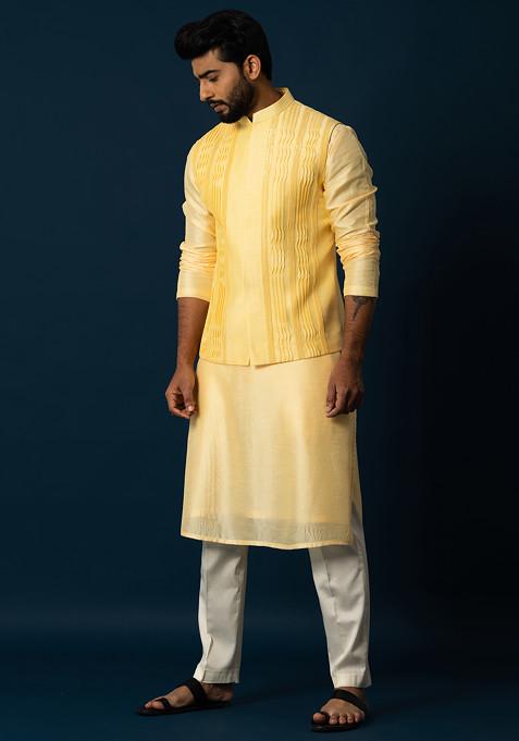 Yellow Embroidered Silk Kurta Set For Men