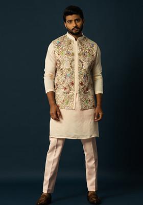 Fawn Embroidered Linen Nehru Jacket Set For Men