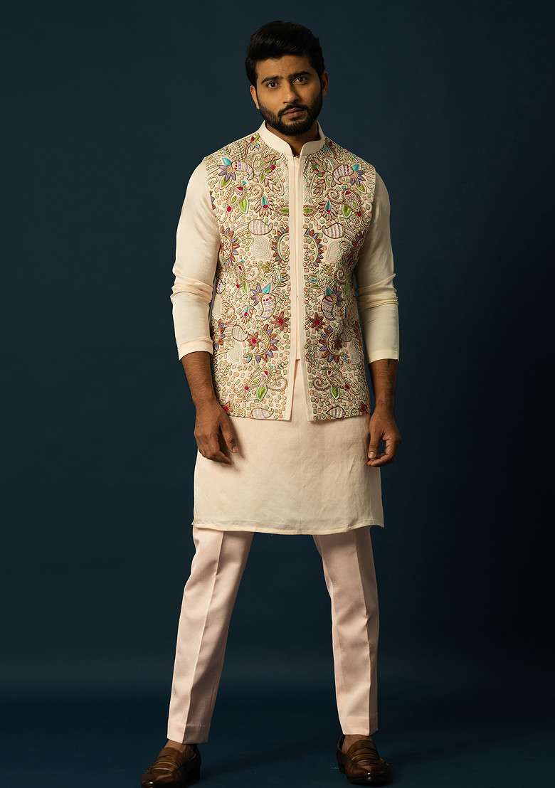 Fawn Embroidered Linen Nehru Jacket Set For Men - Indya
