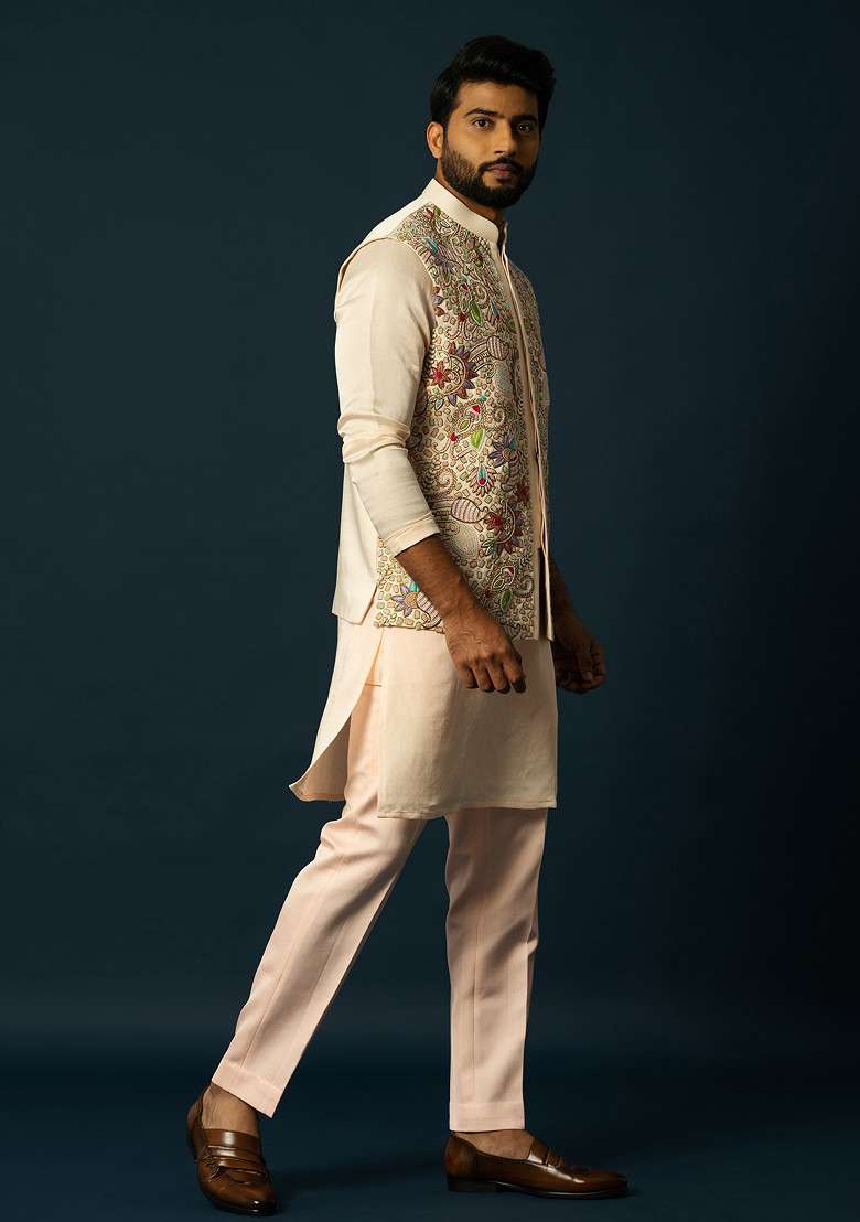 Fawn Embroidered Linen Nehru Jacket Set For Men - Indya