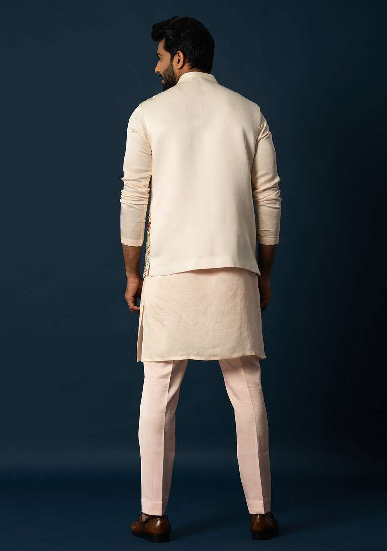 Fawn Embroidered Linen Nehru Jacket Set For Men - Indya